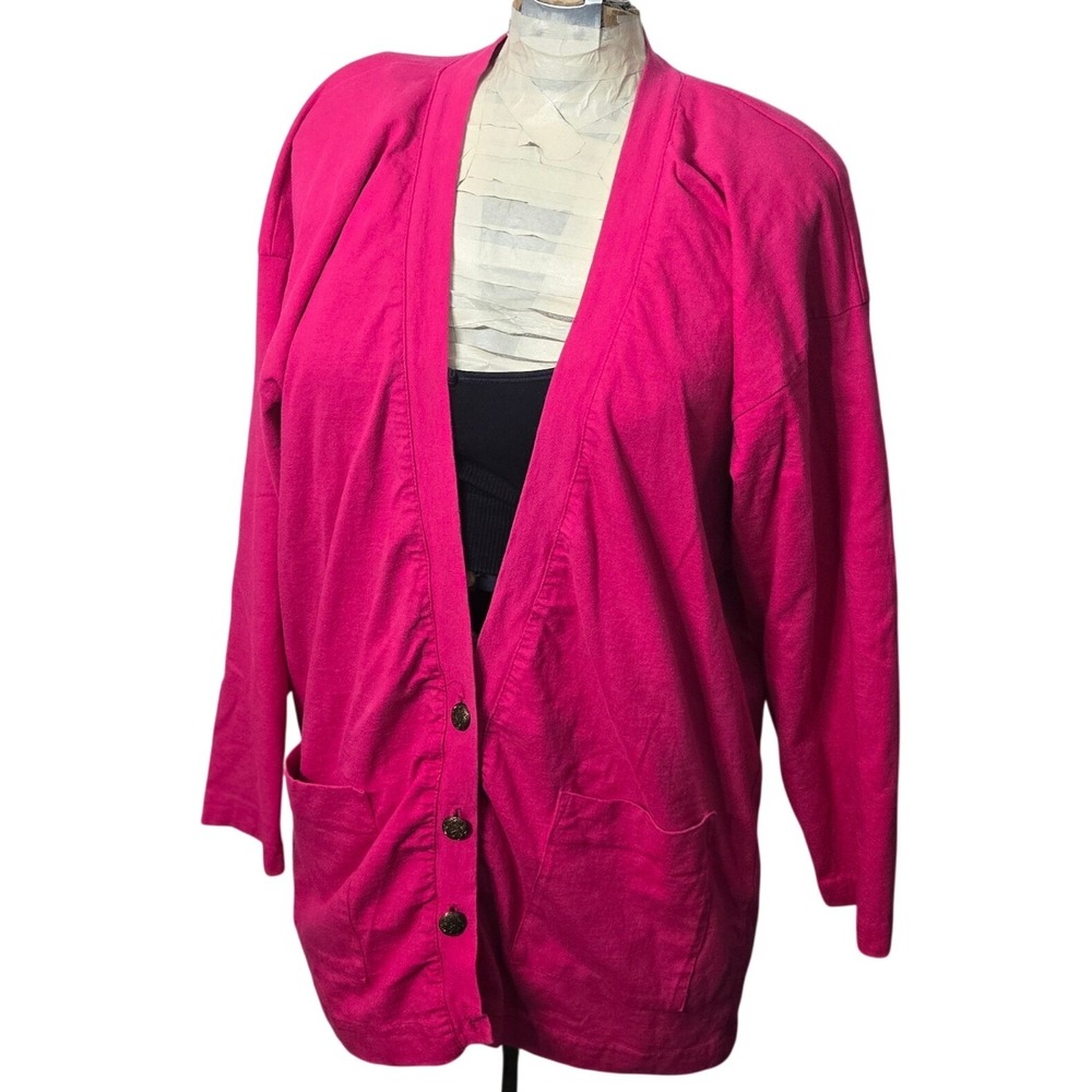 Vintage Fina Fina Cardigan Womens Large Pink Made In USA 80s‎ Slouchy Button Up
